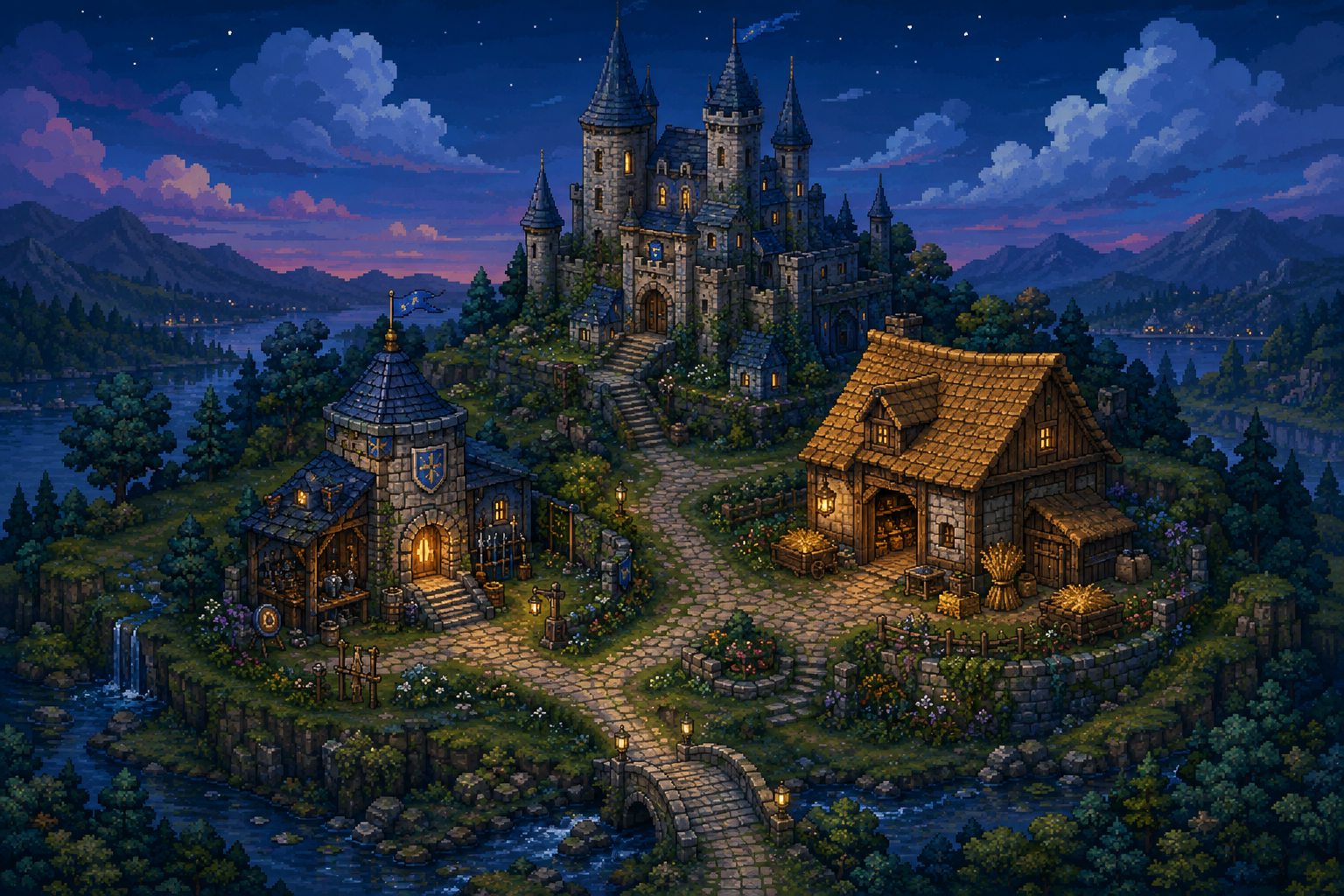 A little castle above a stream, with the blue-roofed Armory on the left and the golden-roofed Granary on the right.